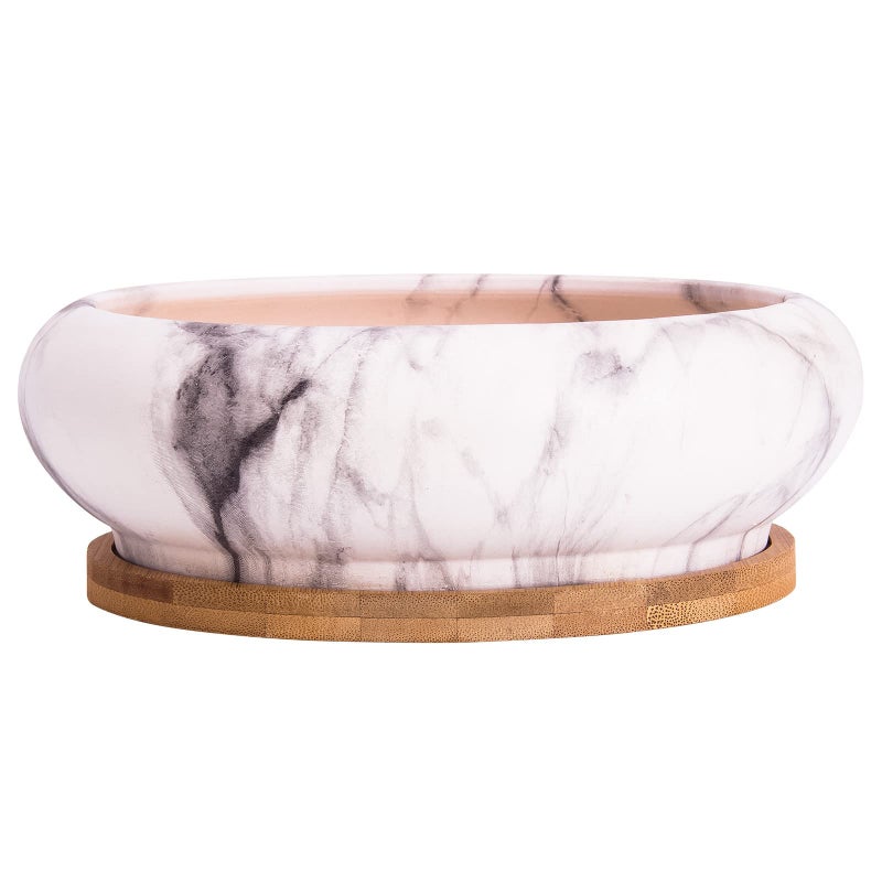 ARTKETTY Succulent Pots - Large Succulent Planters with Drainage Ceramic Bonsai Planter with Tray, Shallow Planters for Indoor Flower Plants Marble Cactus Planter Bowl - Image 2